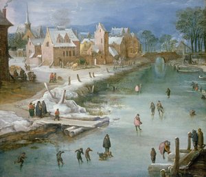 Schaatsers op een Bevroren Rivier Langs een Stad